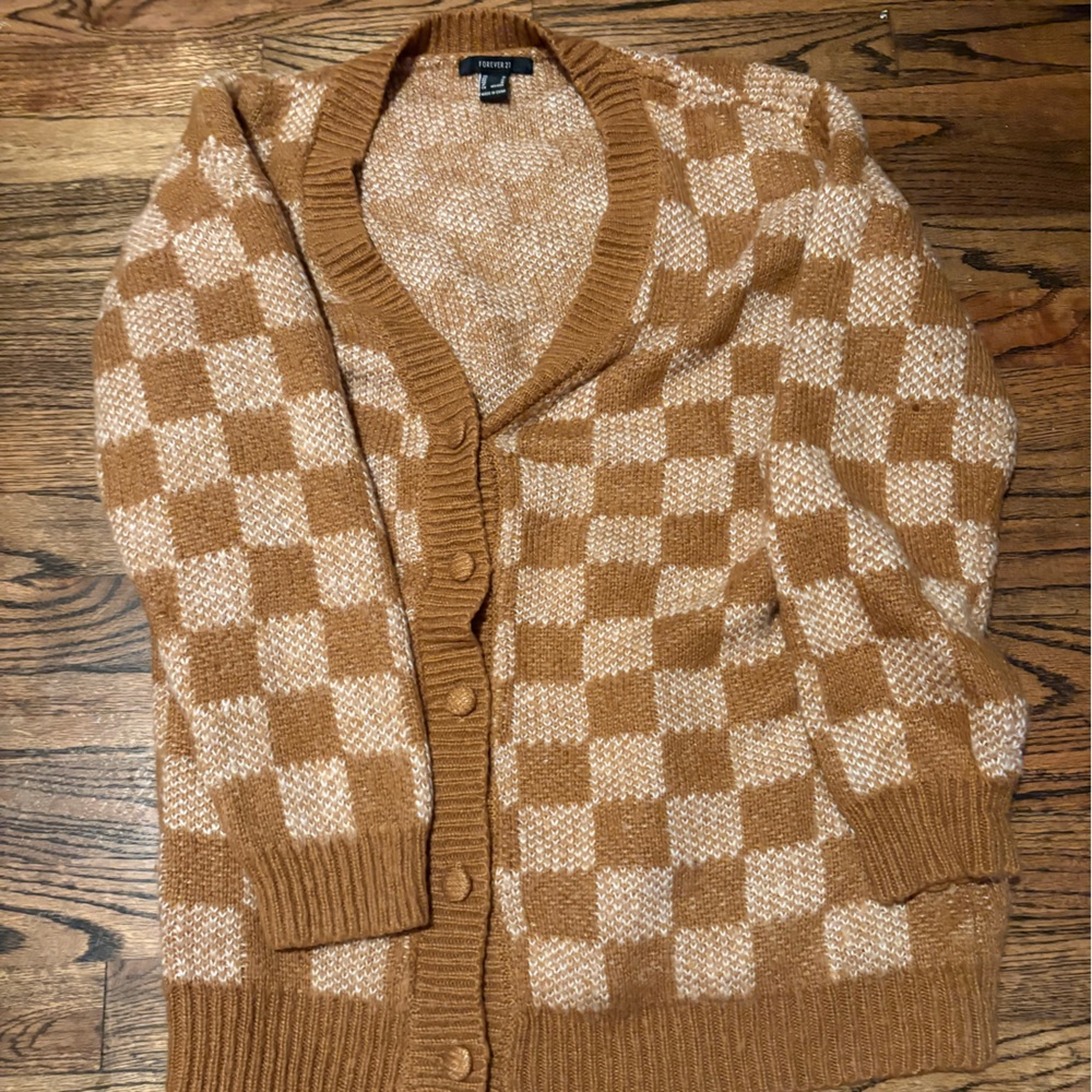 Forever 21 Brown and Cream Checkered Cardigan Sweater